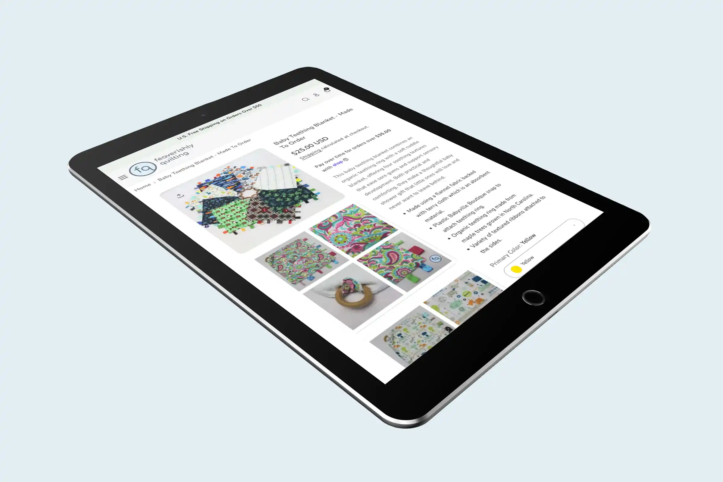 Feaverishly Quilting website displayed on tablet showing single product layout on shop