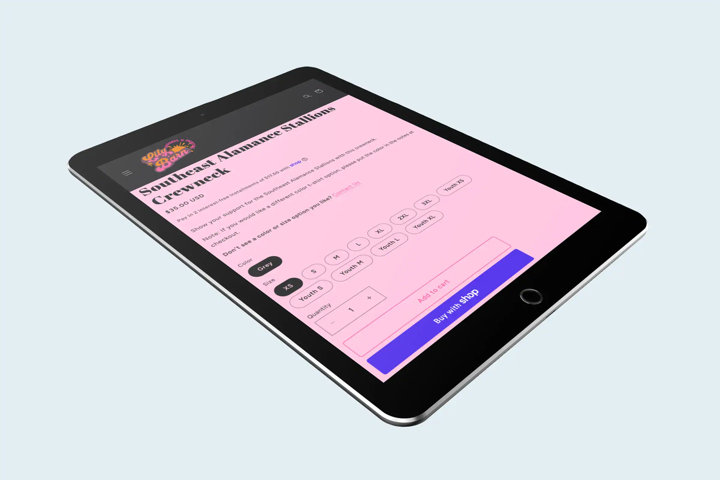 The LIly Barn website displayed on tablet showing single product options to choose from on shop
