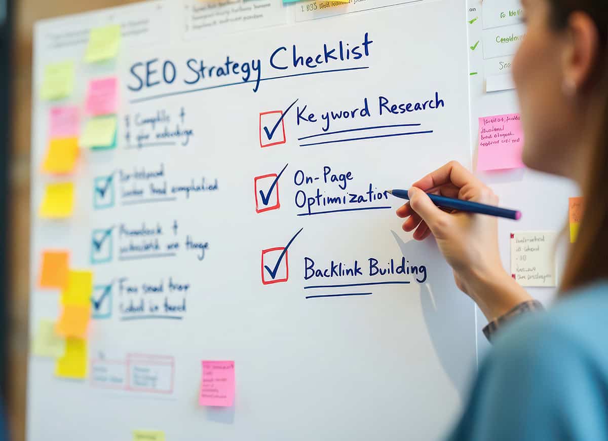 seo strategy checklist outlining seo services from ajt digital designs in modesto, ca