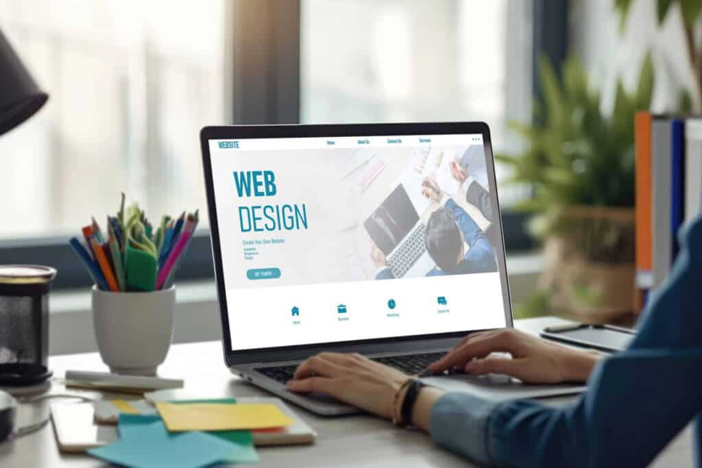 Business owner reviewing a website design project on a laptop during the website planning and development process.