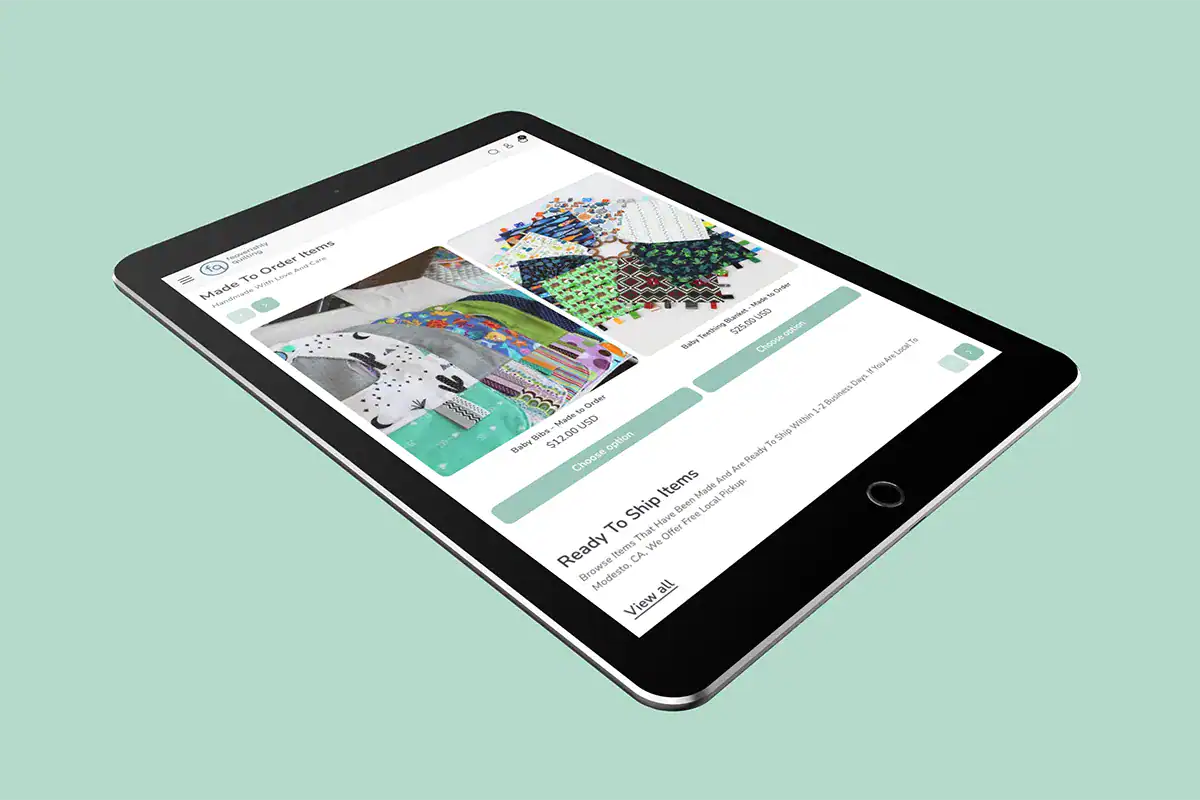 Feaverishly Quilting Shopify store displayed on tablet showing product grid layout for handmade quilting items