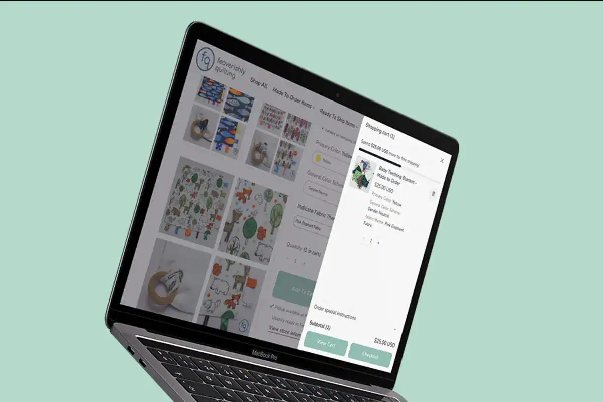Feaverishly Quilting website and Shopify store displayed on laptop showcasing integrated content and eCommerce experience