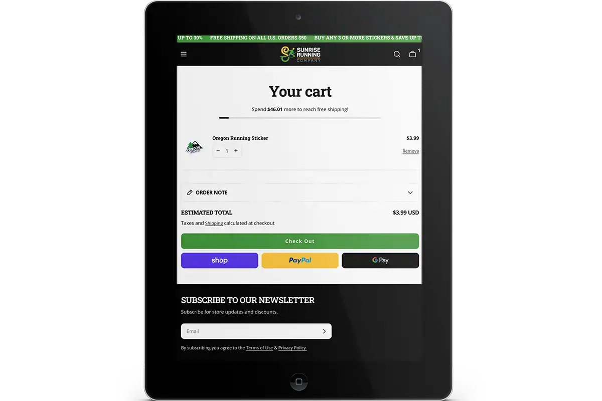 seamless shopping cart on shopify website design for sunrise running company
