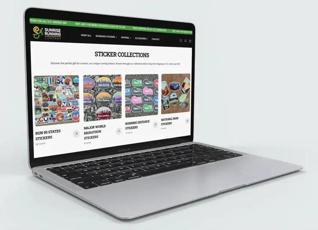 Sunrise Running Company Shopify website design with clean product layout and mobile-friendly eCommerce storefront
