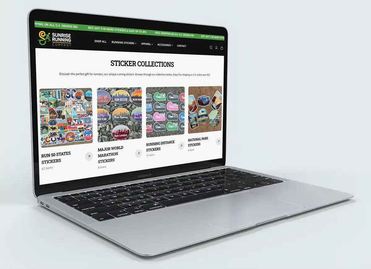 Sunrise Running Company Shopify website design with clean product layout and mobile-friendly eCommerce storefront