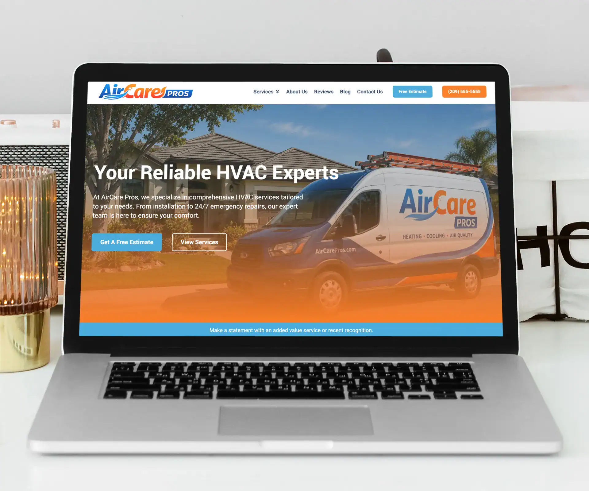 HVAC company website design template displayed on a laptop screen