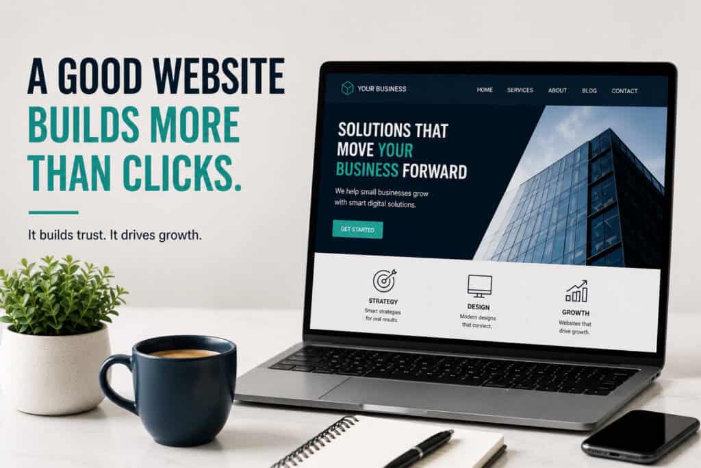 Modern small business website workspace highlighting professional website design, user experience, and business growth