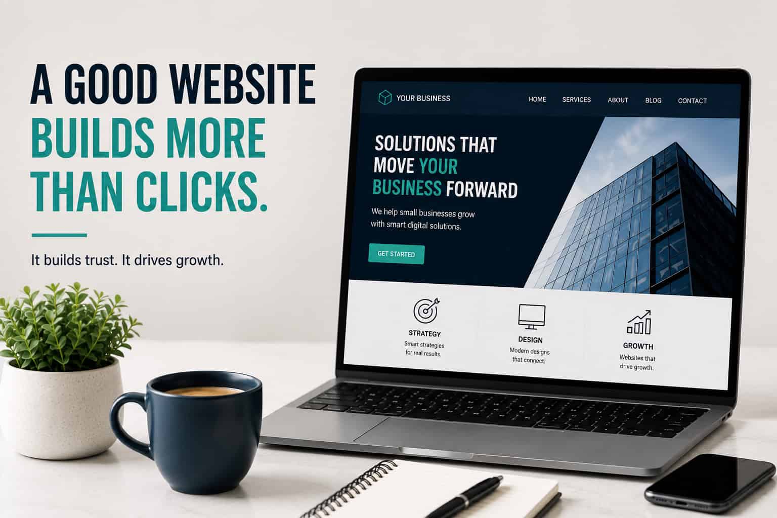 Modern small business website workspace highlighting professional website design, user experience, and business growth