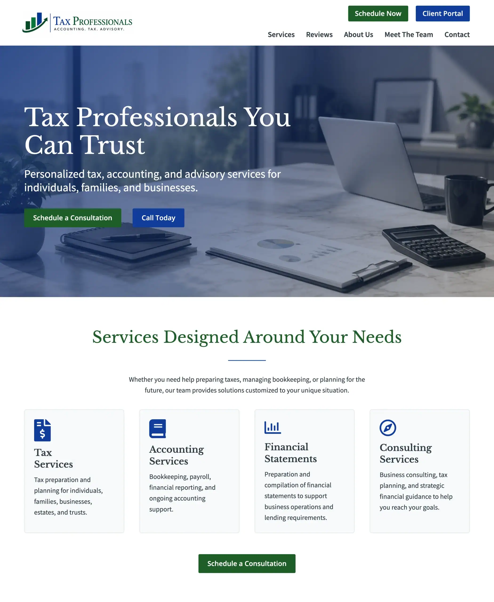 Hero section and services overview of the Tax Professionals Landing Page Template featuring tax, accounting, financial statement, and consulting service sections with clear calls-to-action.