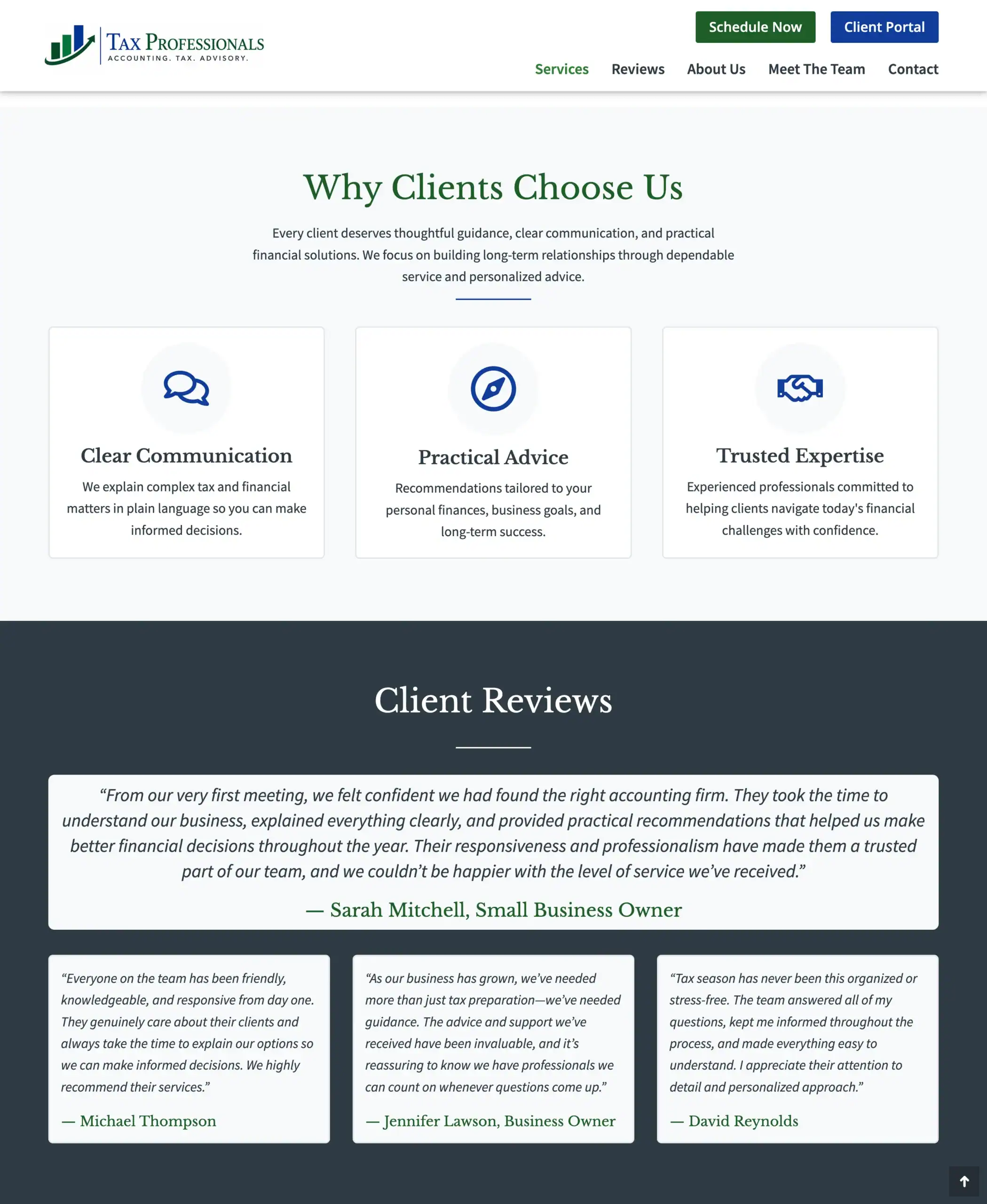 Trust-building section of the Tax Professionals Landing Page Template featuring client benefits, testimonials, and customer reviews.