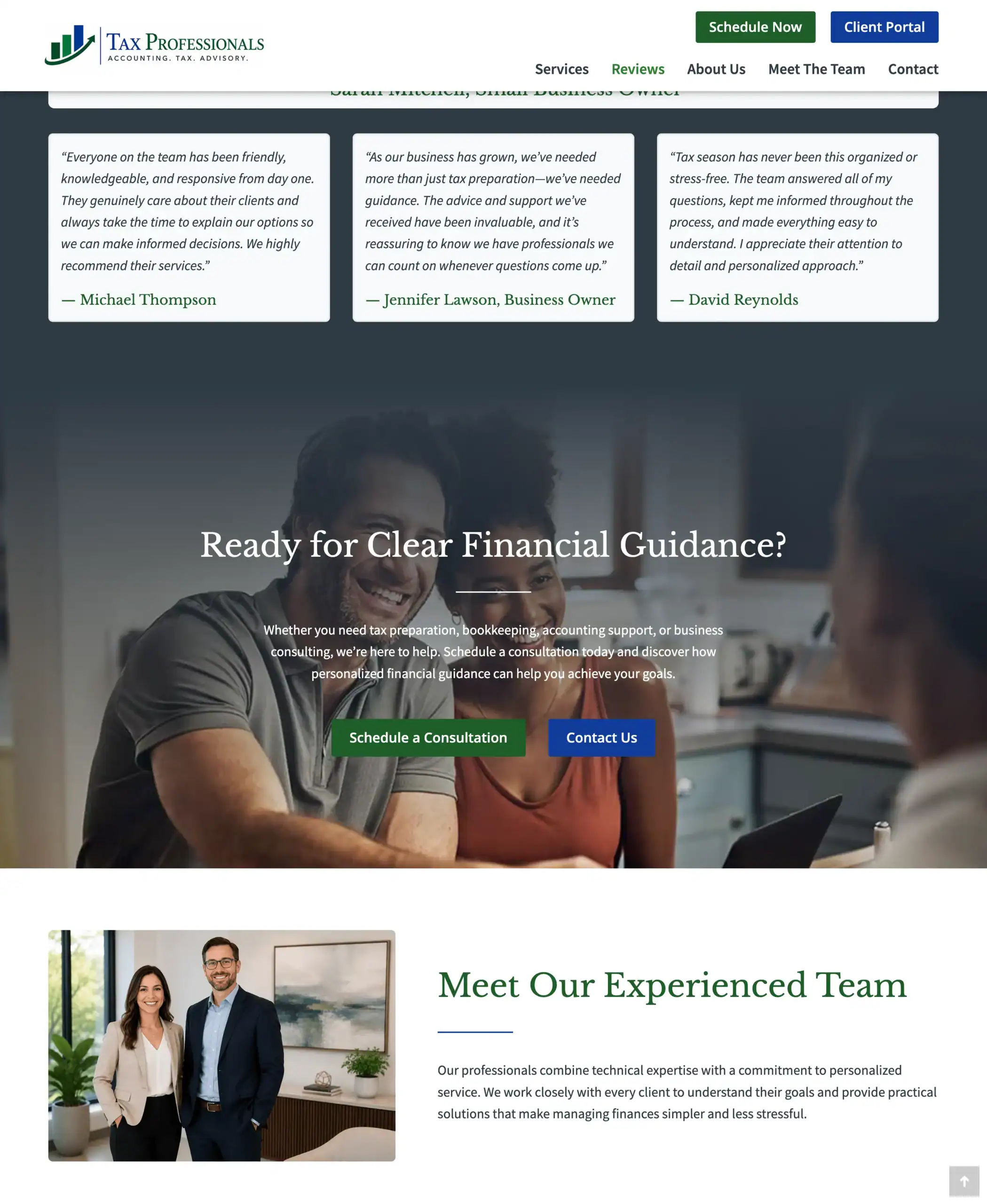 Mid-page call-to-action section of the Tax Professionals Landing Page Template encouraging visitors to schedule a consultation, followed by an introduction to the accounting team.
