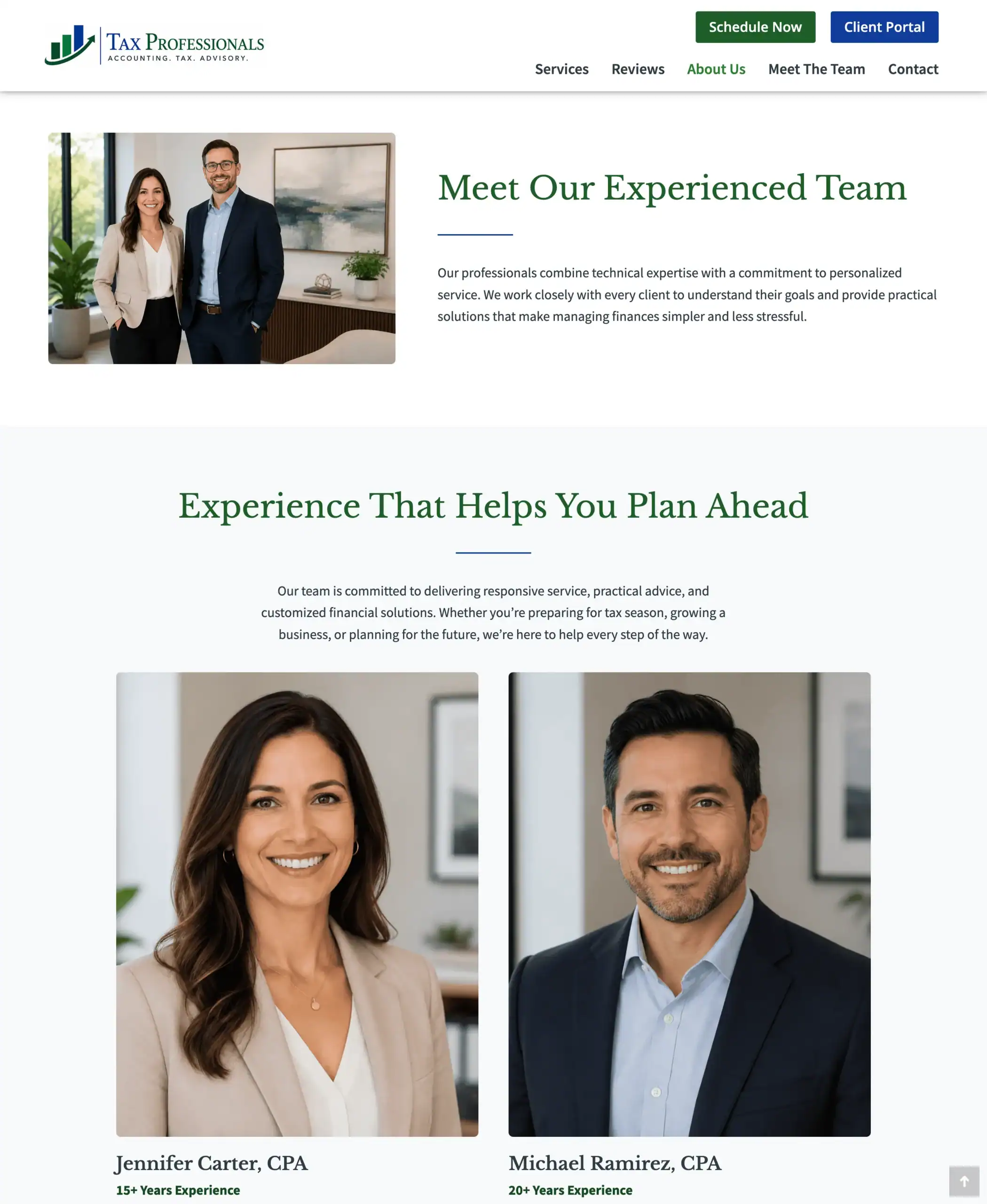 About section of the Tax Professionals Landing Page Template highlighting experienced accounting professionals and personalized financial guidance.