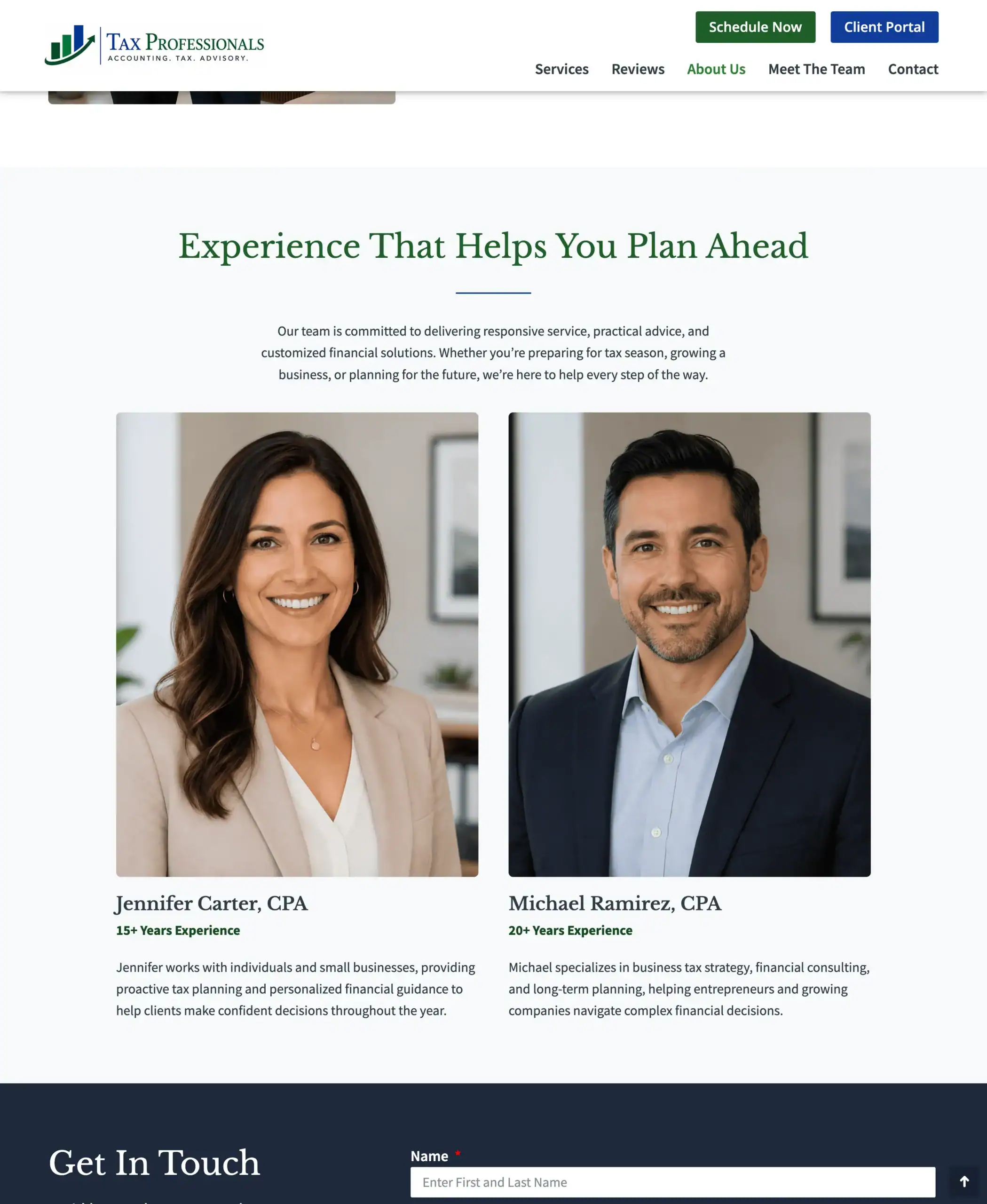 Meet the Team section of the Tax Professionals Landing Page Template featuring professional staff profiles, biographies, and years of experience.