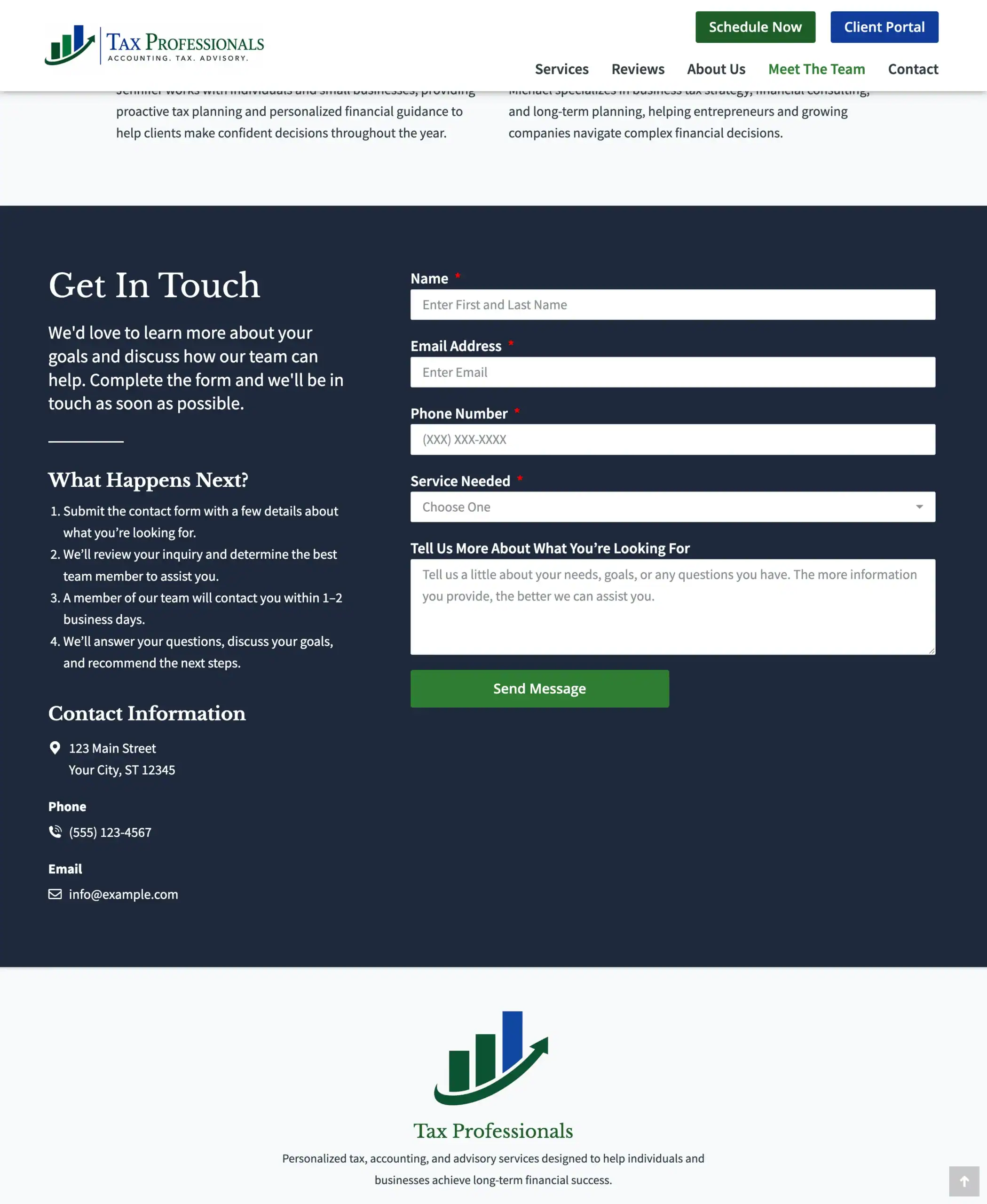 Contact section of the Tax Professionals Landing Page Template featuring a consultation request form, contact information, and next-step guidance.