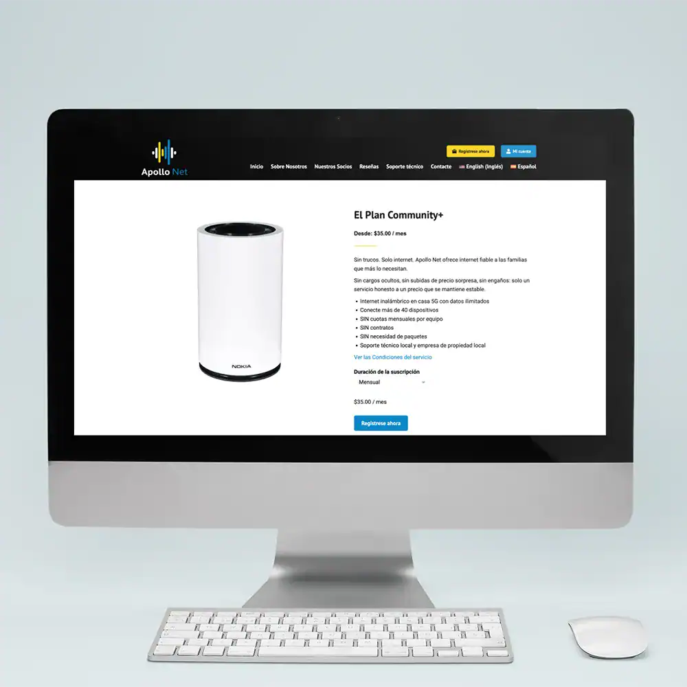 Apollo Net website displayed on iMac showing product page in Spanish through language translation integration