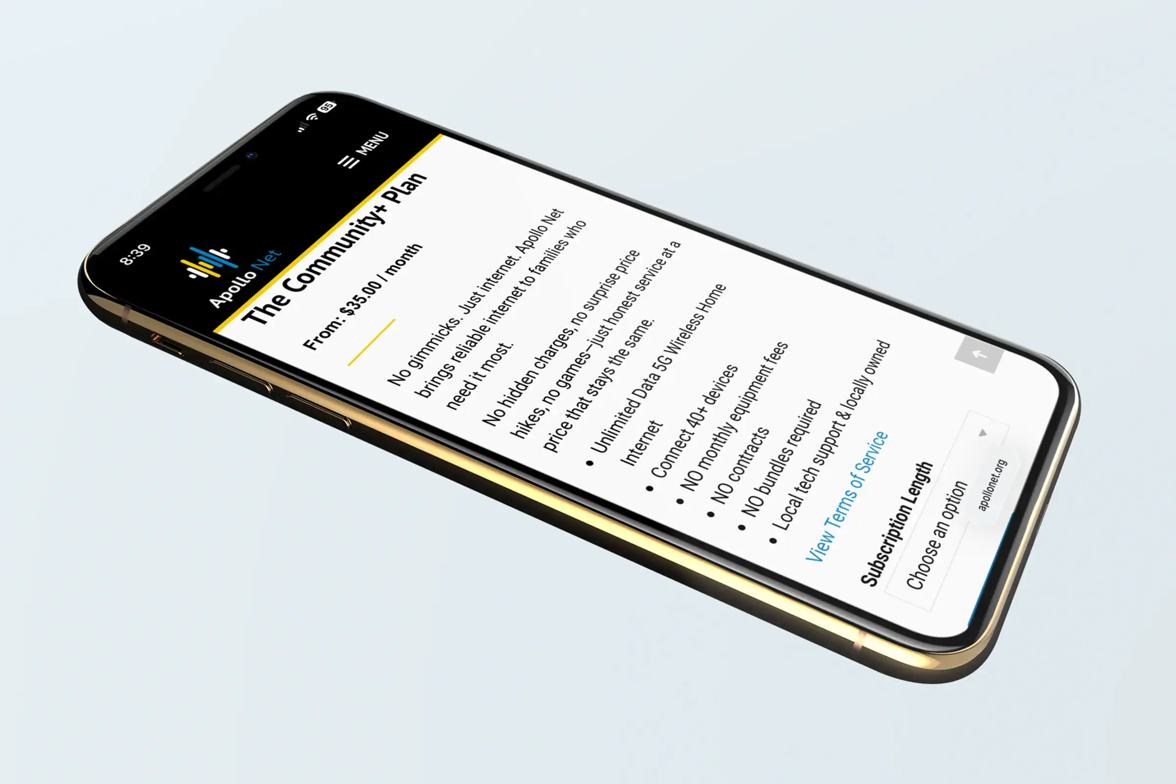 Apollo Net website displayed on iPhone showing Community + Plan product page