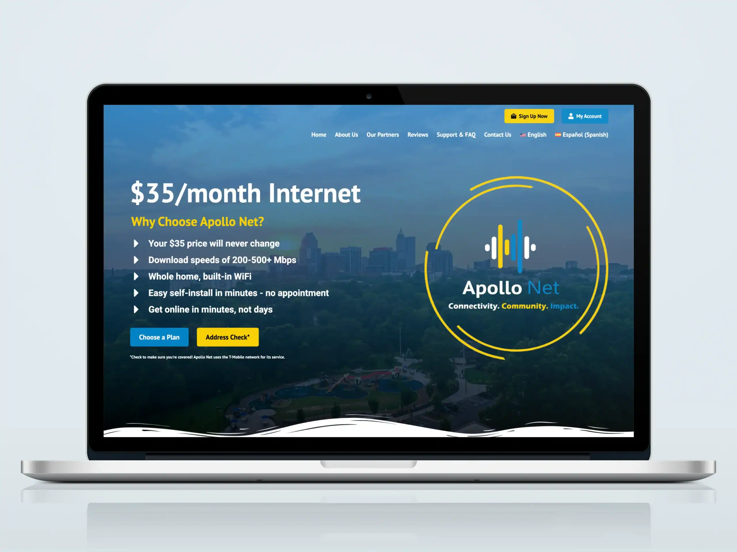 Apollo Net website homepage displayed on laptop
