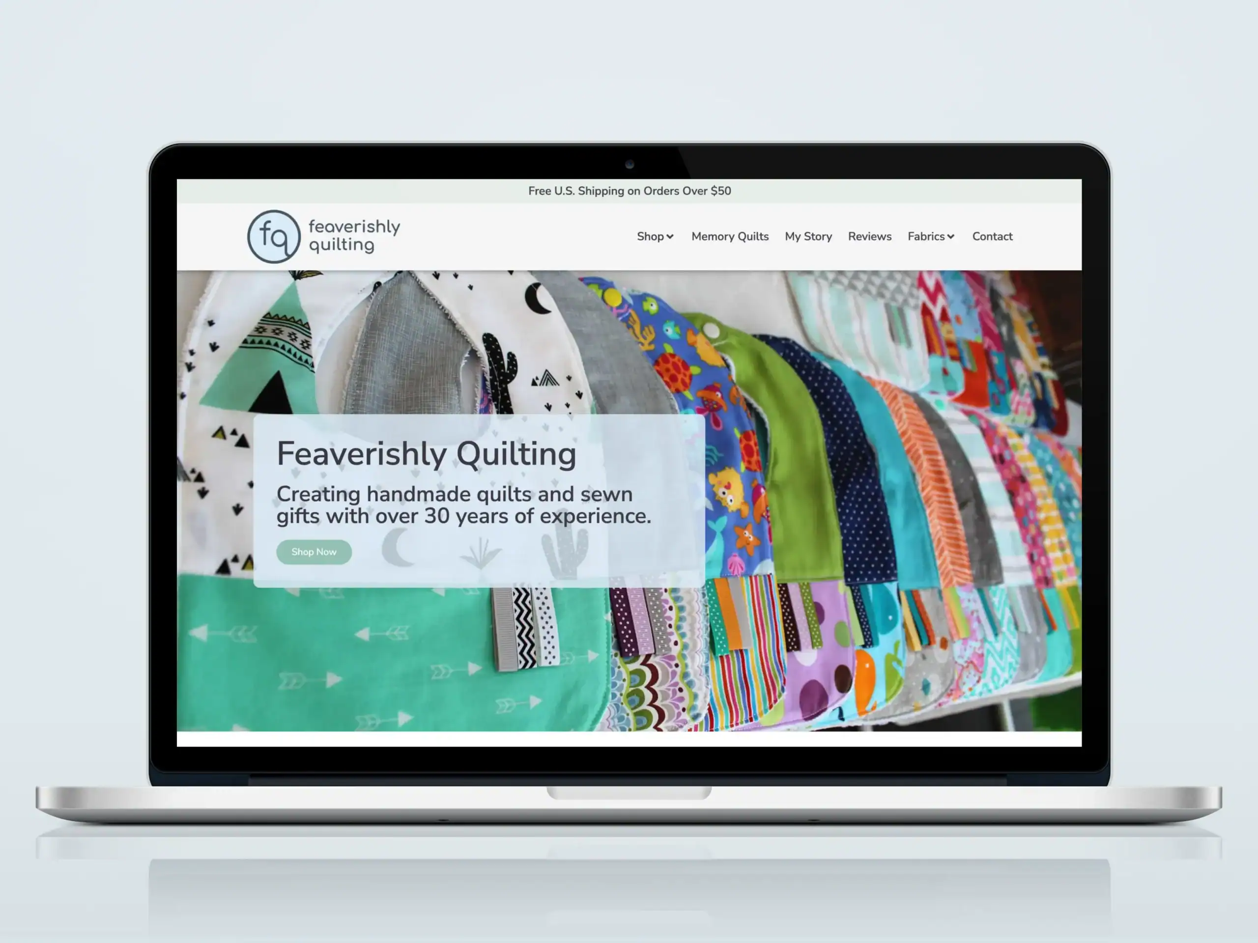 Feaverishly Quilting website homepage displayed on laptop