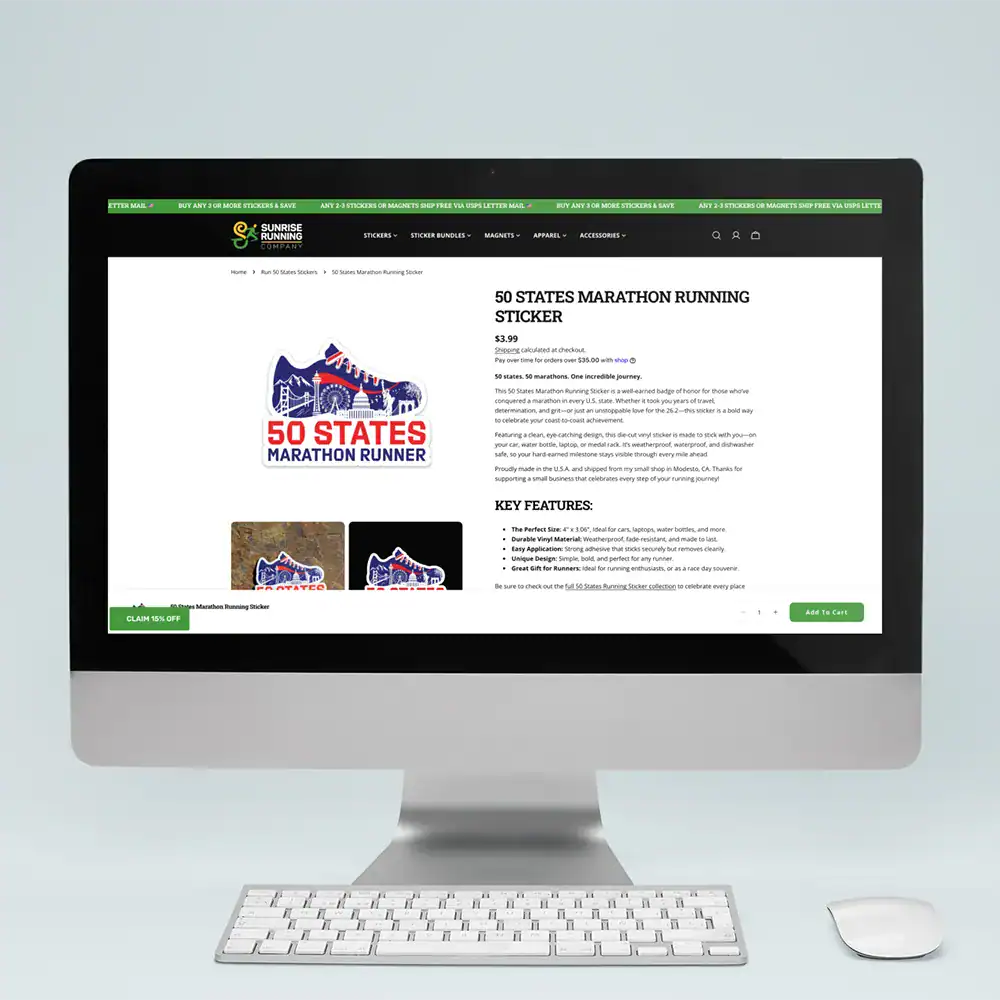 Sunrise Running Company website displayed on iMac showing single sticker product layout on shop