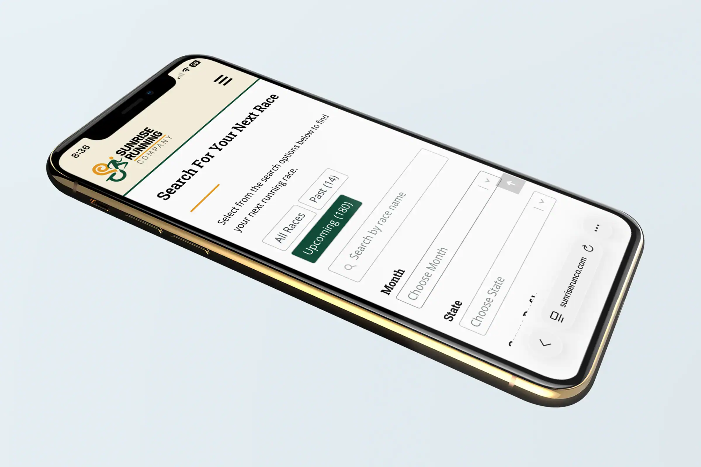 Sunrise Running Company website displayed on iPhone showing search options from Find a Race directory