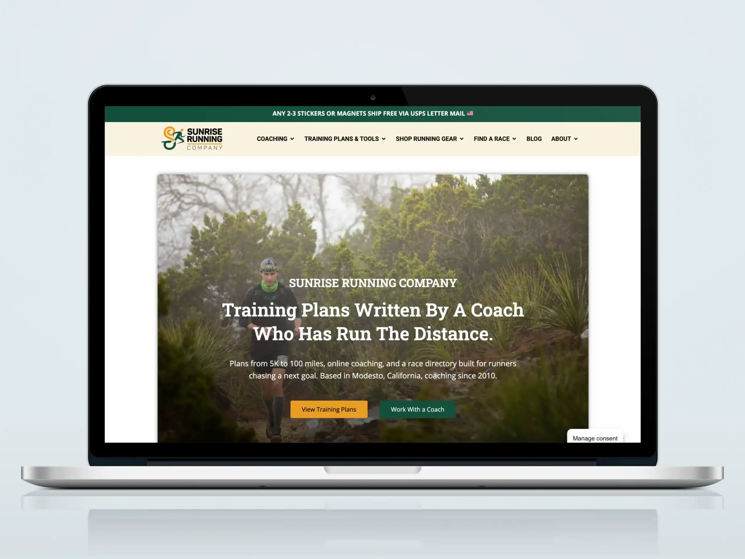 Sunrise Running Company website homepage displayed on laptop