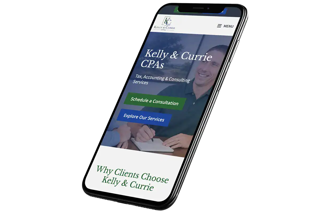 kelly & currie cpas website homepage displayed on an iphone