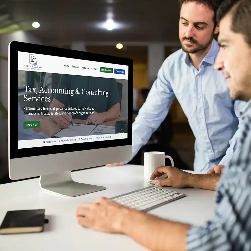 Services page from the Kelly & Currie CPAs website highlighting tax, accounting, consulting, and financial statement services.