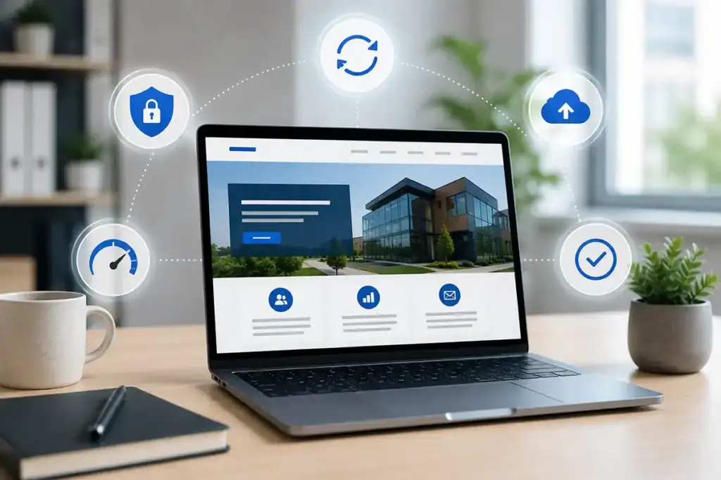 Modern business website displayed on a laptop with icons representing website security, updates, backups, performance, and ongoing WordPress website maintenance.