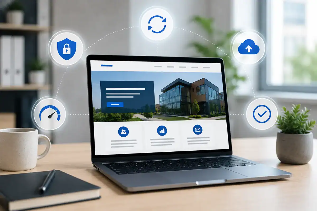 Modern business website displayed on a laptop with icons representing website security, updates, backups, performance, and ongoing WordPress website maintenance.