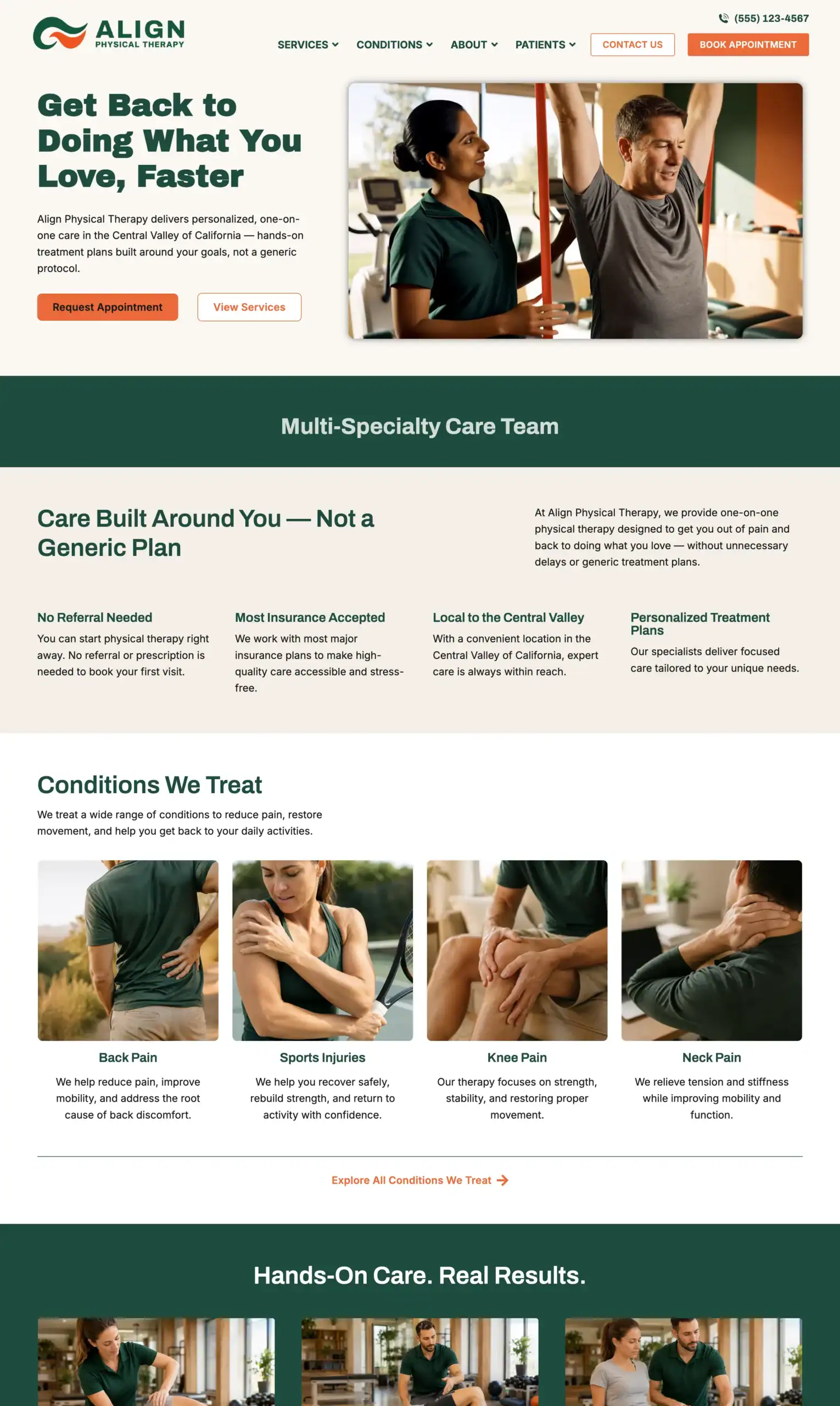 Physical therapy website template homepage design featuring a hero section with a therapist assisting a patient through a resistance band exercise.