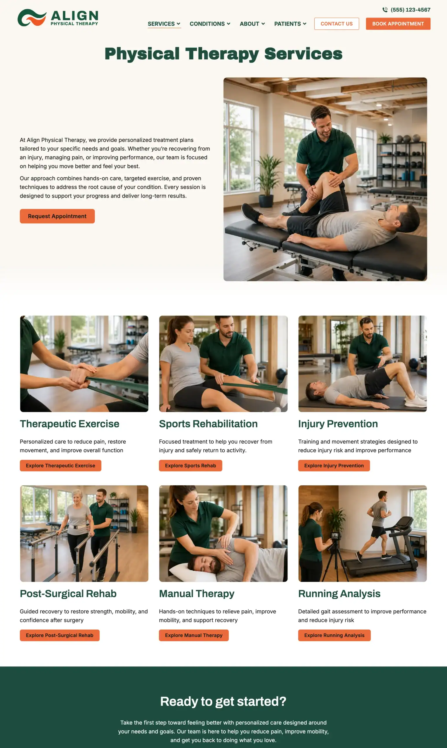 Physical therapy website template services page displaying a grid of service cards including therapeutic exercise, sports rehabilitation, and injury prevention.