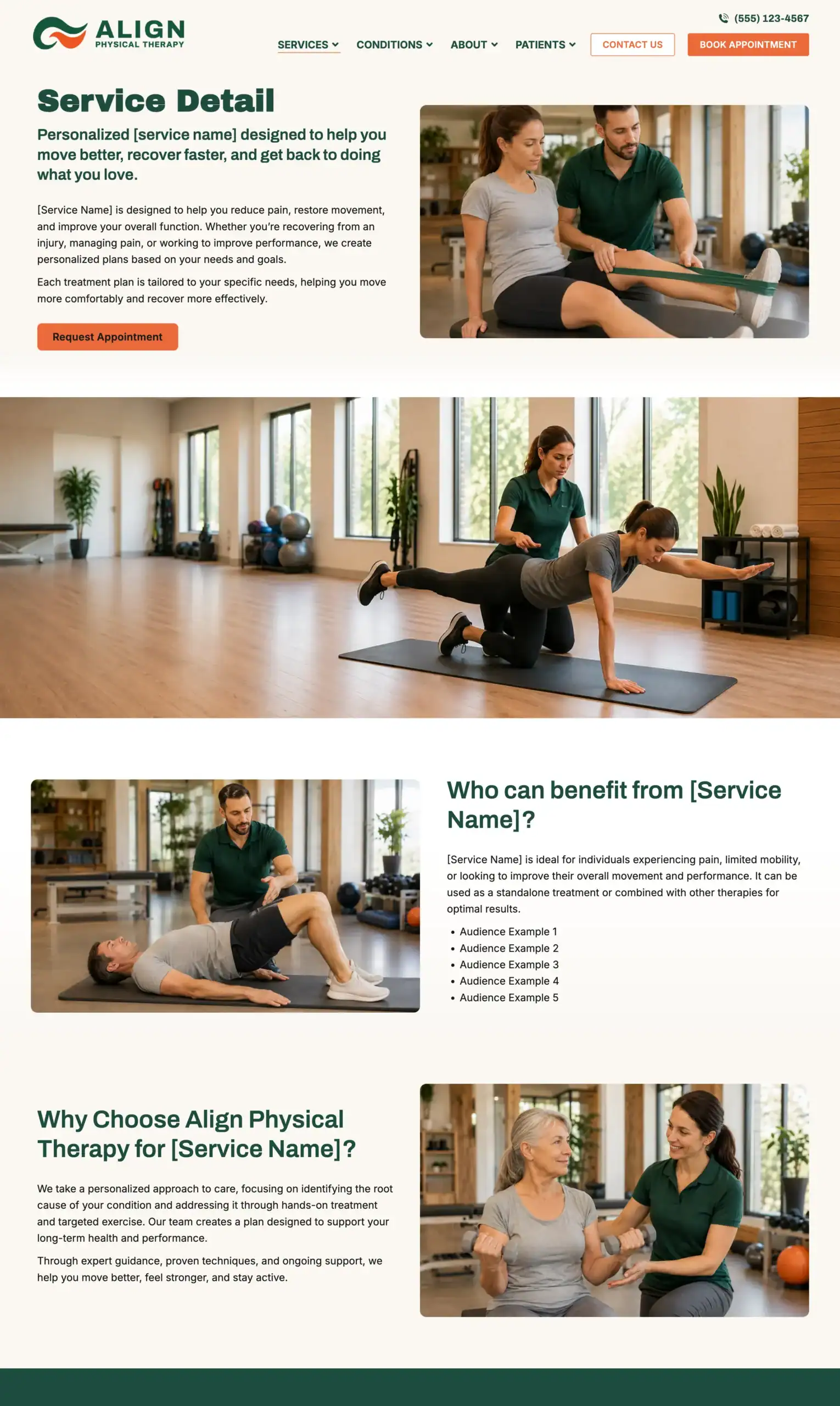 Physical therapy website template service detail page layout with customizable sections for service description, patient benefits, and calls to action.