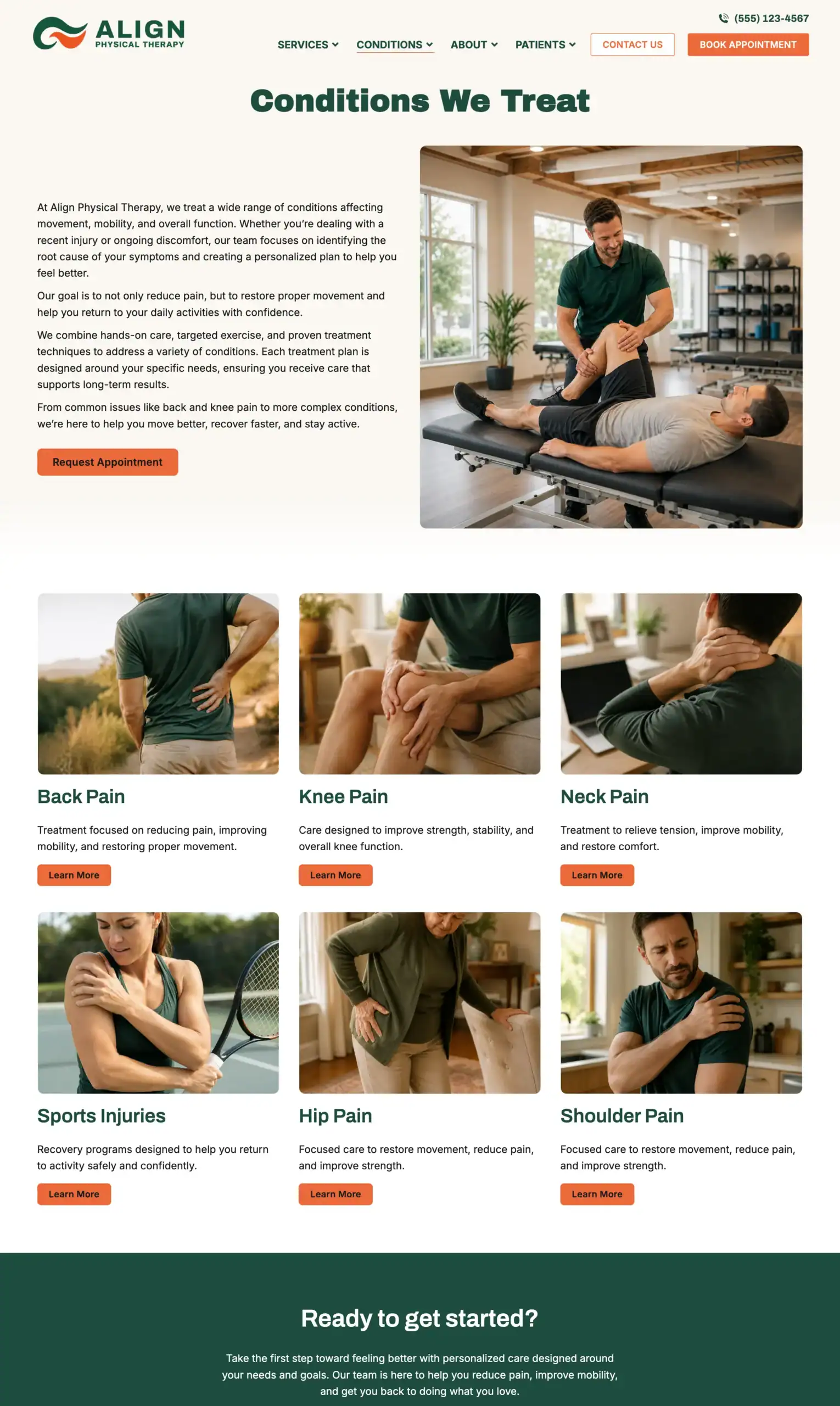 Physical therapy website template conditions page displaying a grid of treated conditions including back pain, knee pain, and shoulder pain.
