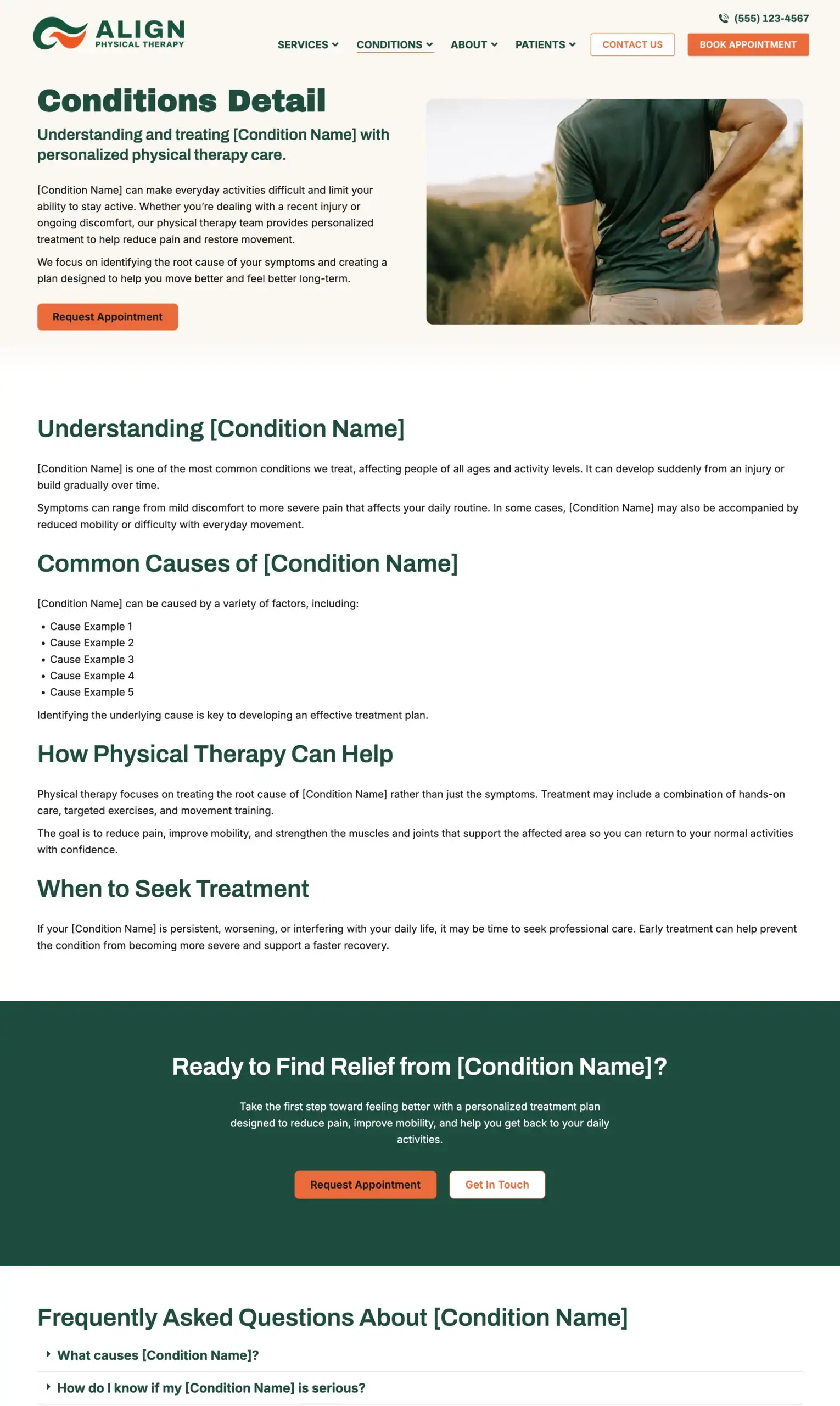 Physical therapy website template condition detail page layout with customizable sections for causes, treatment information, and FAQs.