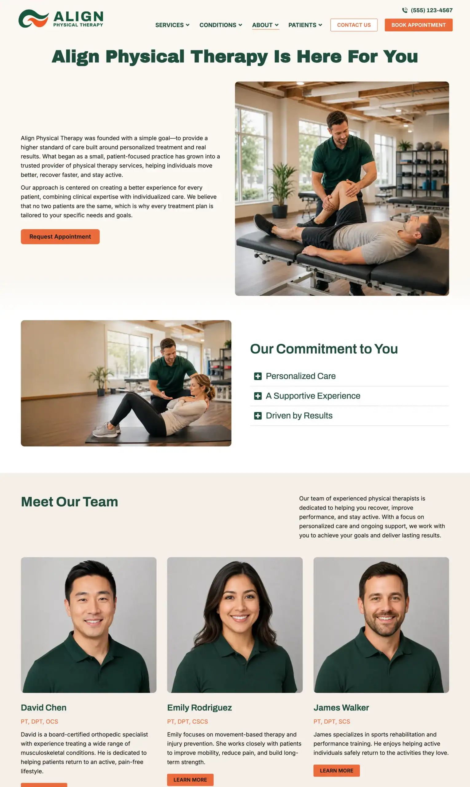 Physical therapy website template About Us page with practice story, commitment values, and a team preview section.