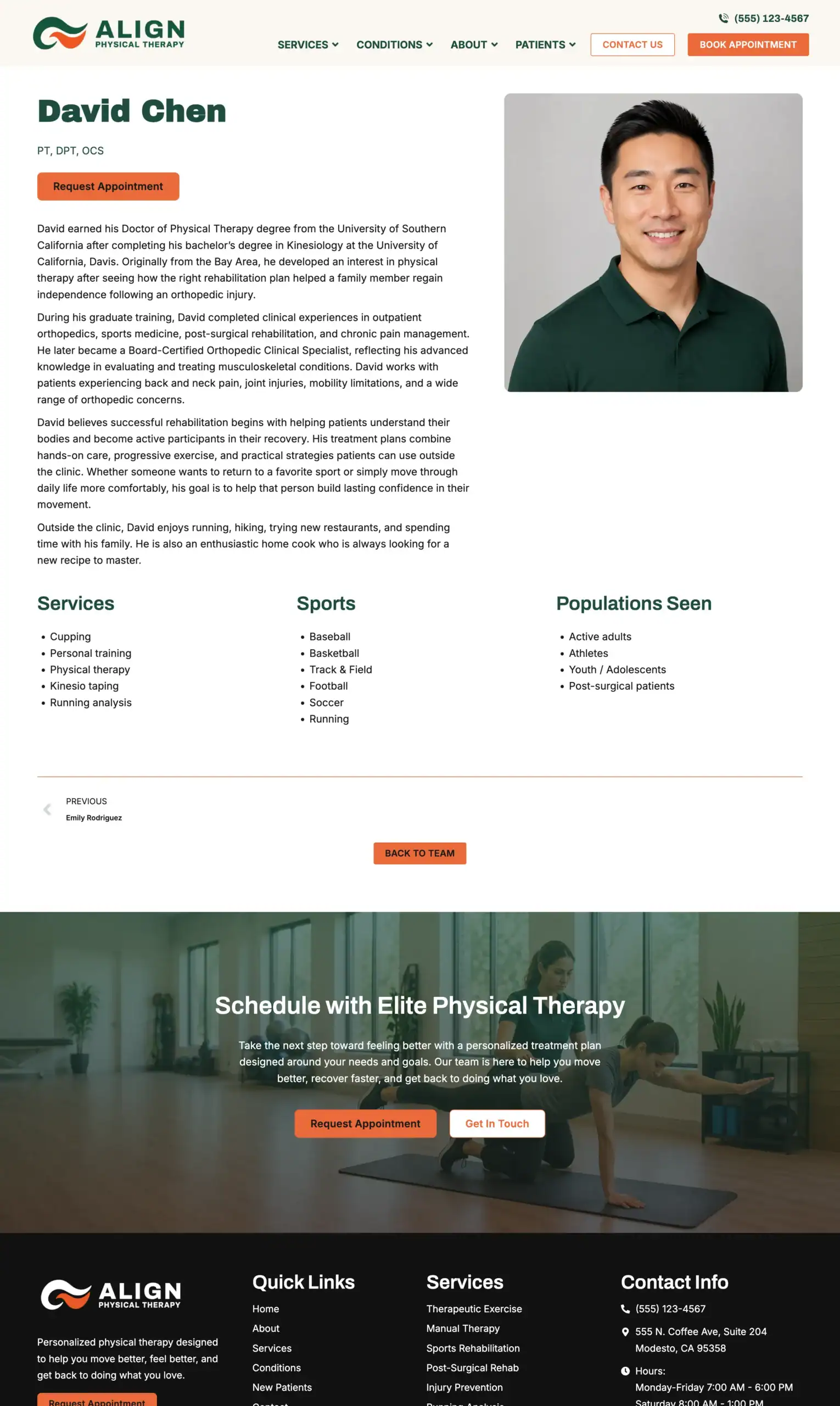 Physical therapy website template provider bio page layout showing credentials, background, and specialties.