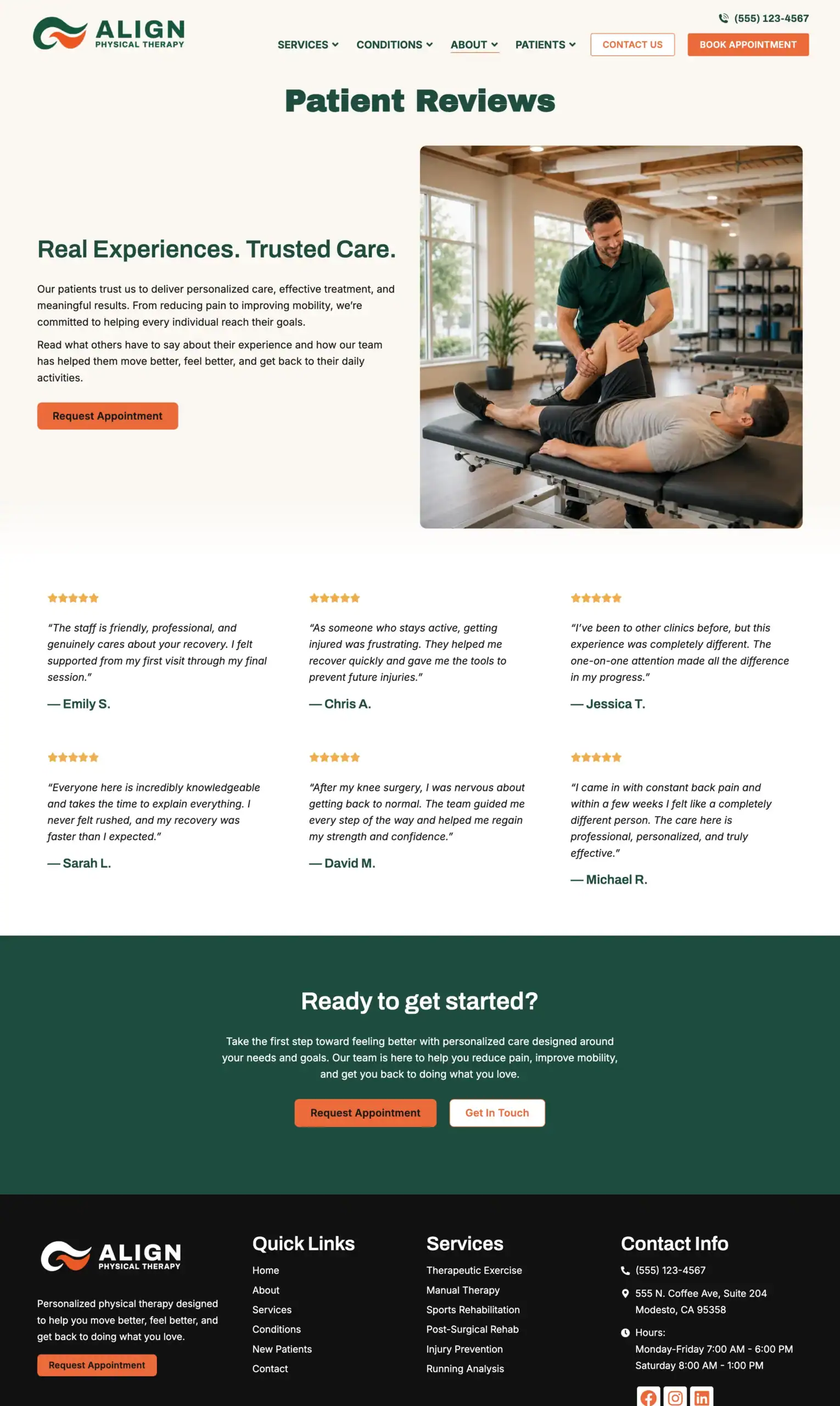 Physical therapy website template reviews page displaying five-star patient testimonials.