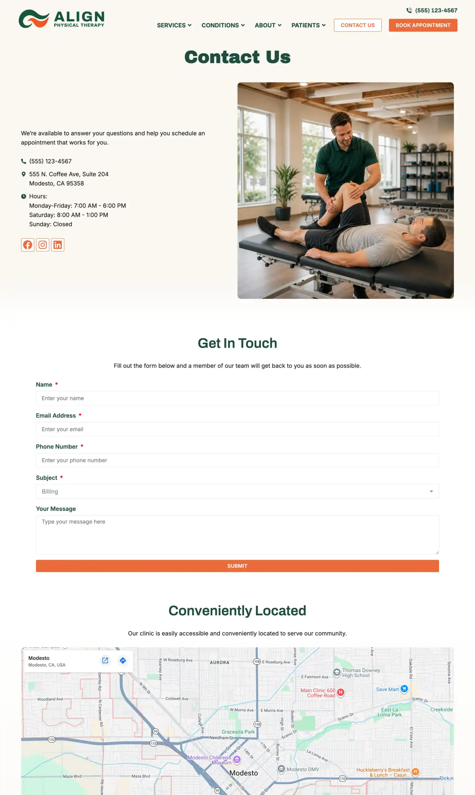 Physical therapy website template contact page featuring a contact form, business hours, and an embedded location map.