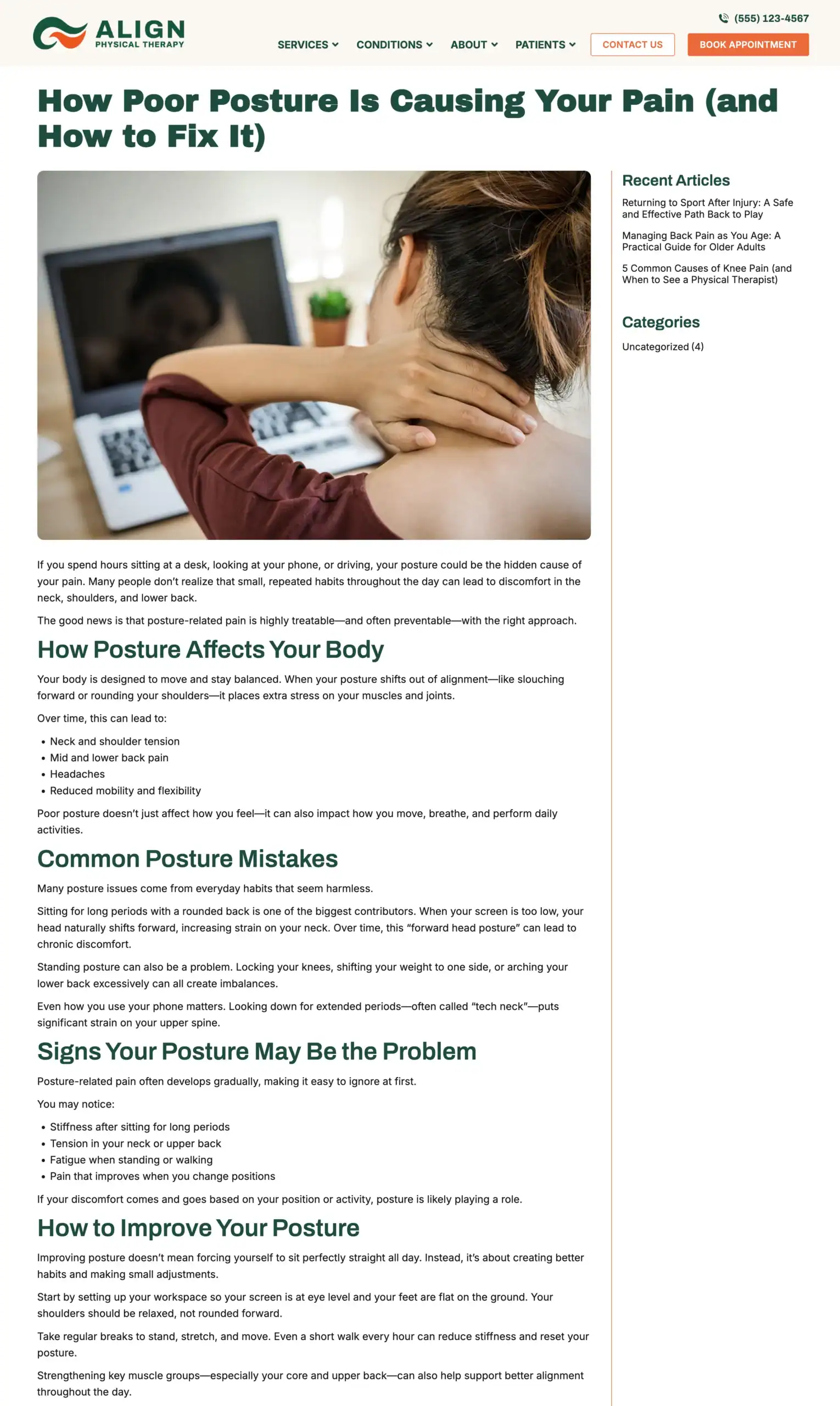 Physical therapy website template blog article page layout with a featured image, sidebar, and recent articles list.