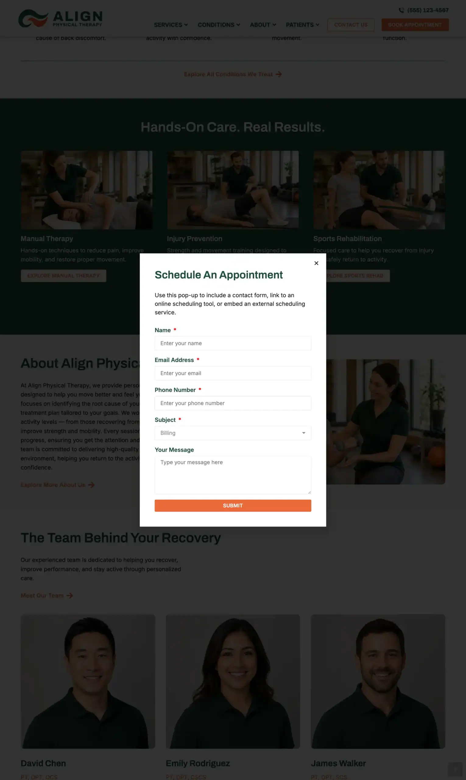 Physical therapy website template appointment request popup form.