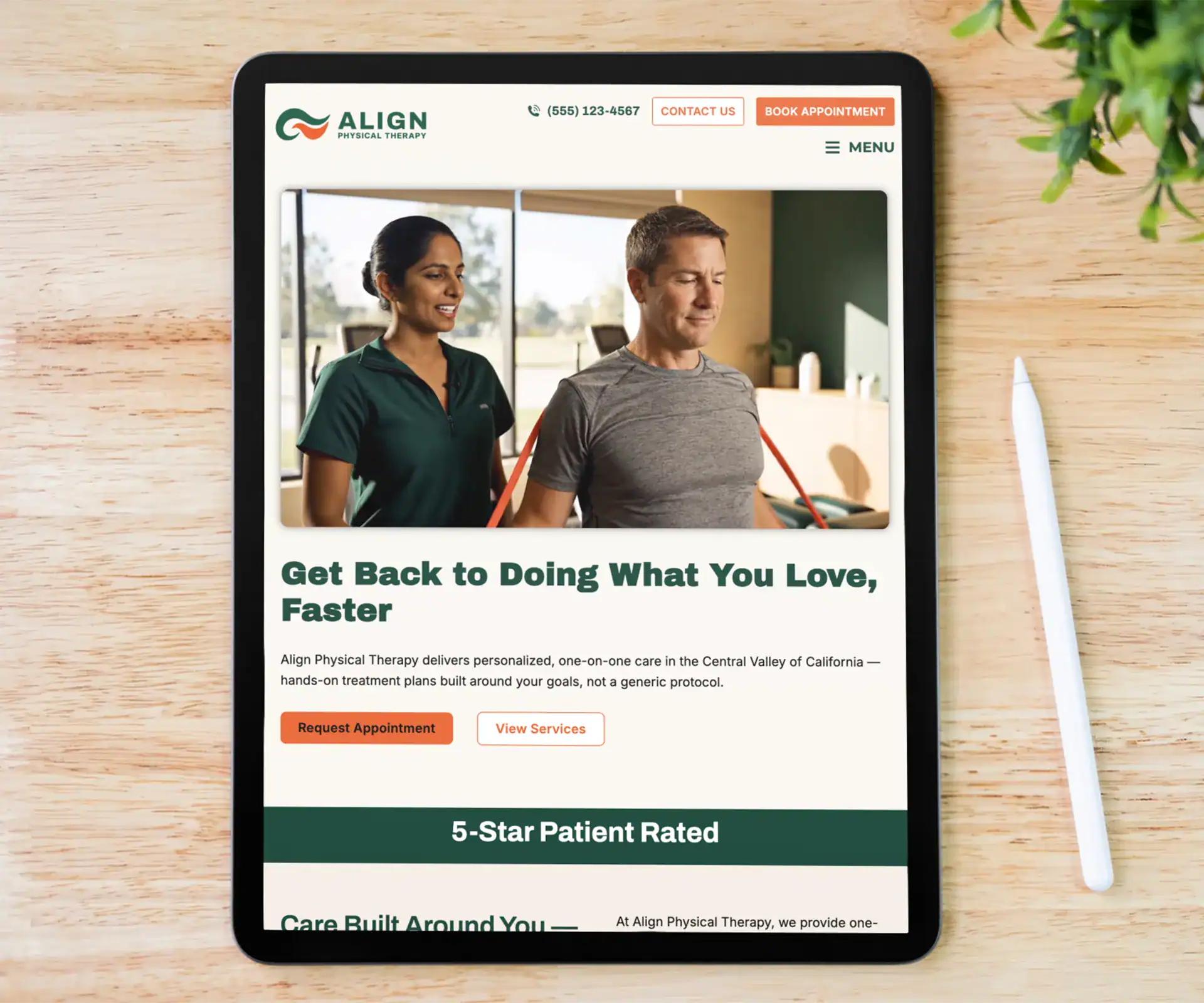 Physical therapy landing page template displayed on a tablet featuring a professional WordPress landing page for physical therapists, sports rehab clinics, and outpatient rehab practices.