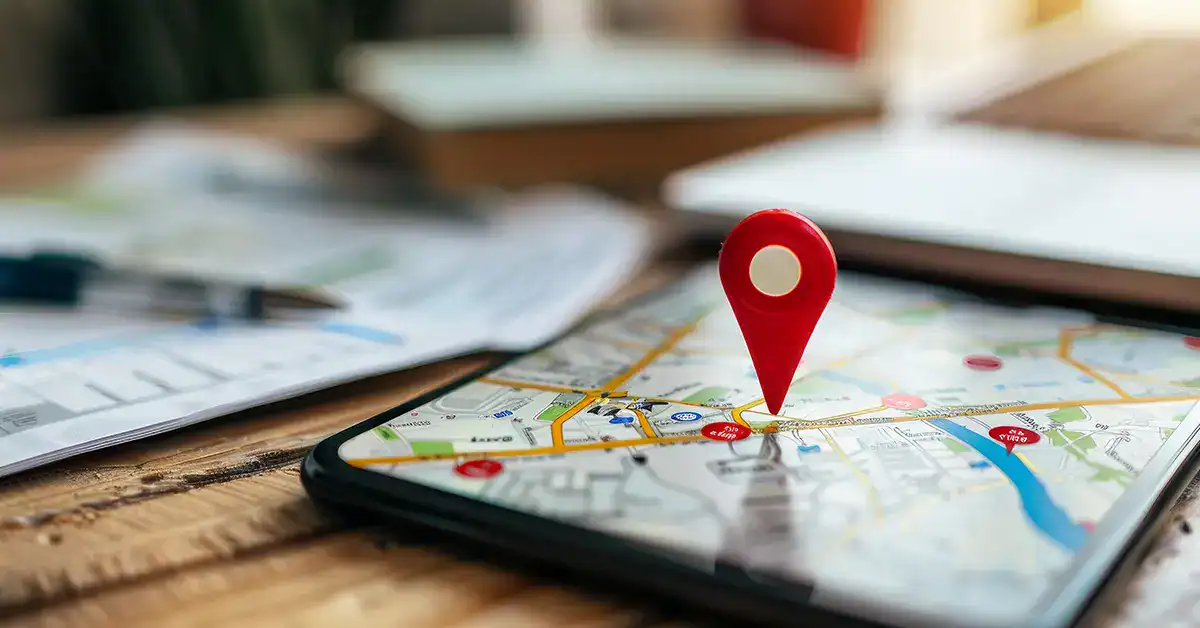 Smartphone on a desk displaying a map app with a red location pin, representing a Google Business Profile listing