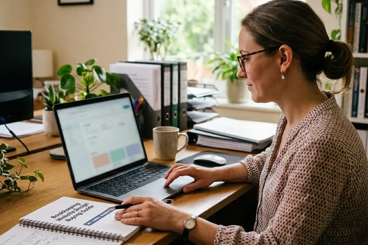 Woman reviewing website design options on a laptop, with a notepad titled Bookkeeping Website Design Buying Guide — AJT Digital Designs blog.