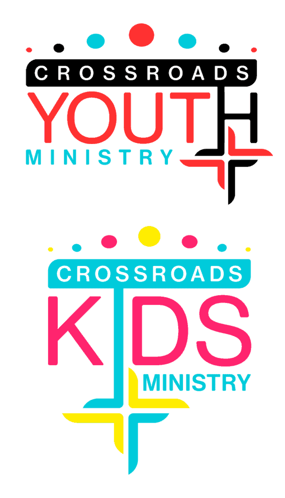 Two logos designed for Crossroads Church: Crossroads Kids Ministry in cyan, pink, and yellow, and Crossroads Youth Ministry in black, red, and cyan. Both use the same layout, with a CROSSROADS banner bar above the ministry name and a four-part cross mark below.