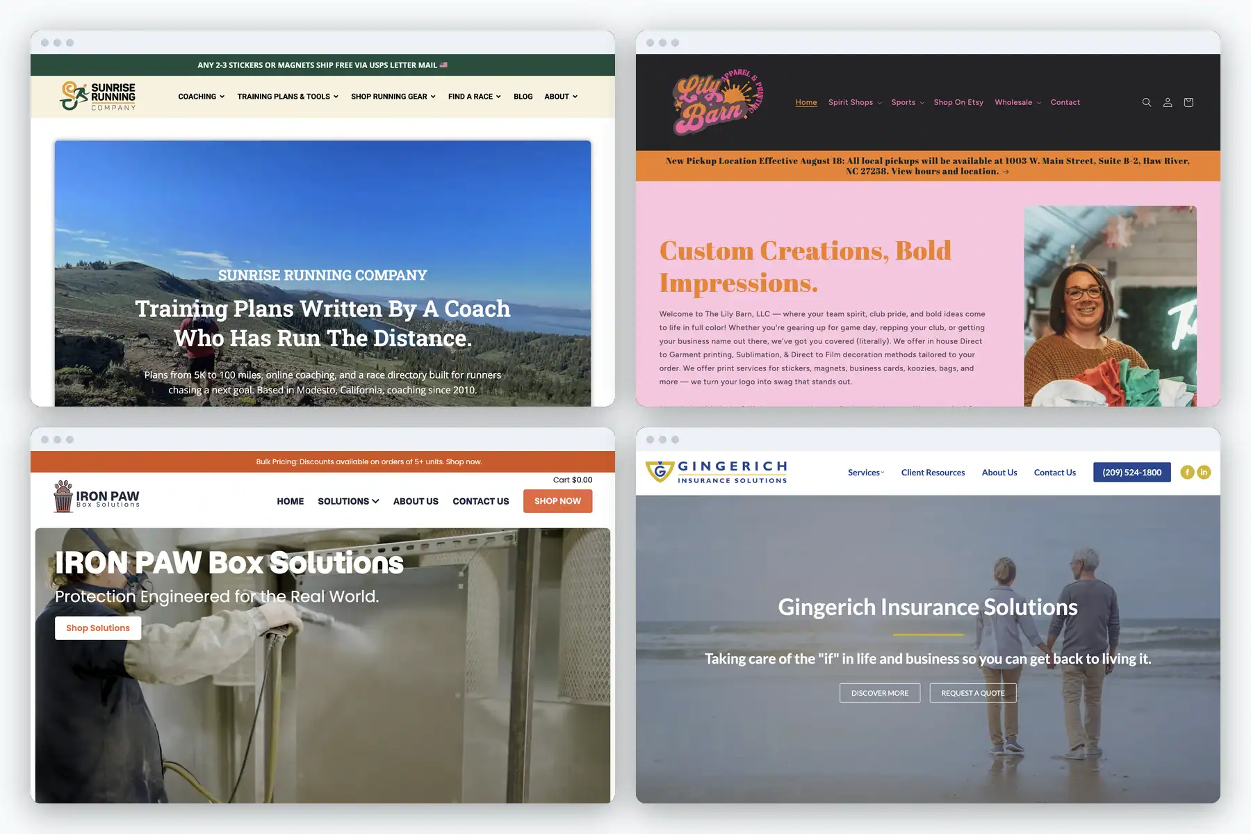 Four client websites designed by AJT Digital Designs, shown in browser windows: Sunrise Running Company, The Lily Barn, Iron Paw Box Solutions, and Gingerich Insurance Solutions.