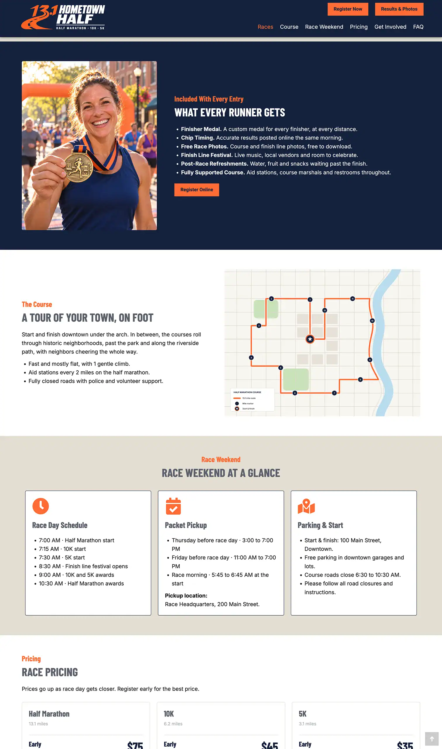 Race landing page template sections for runner perks, course map with highlights and race weekend schedule, packet pickup and parking