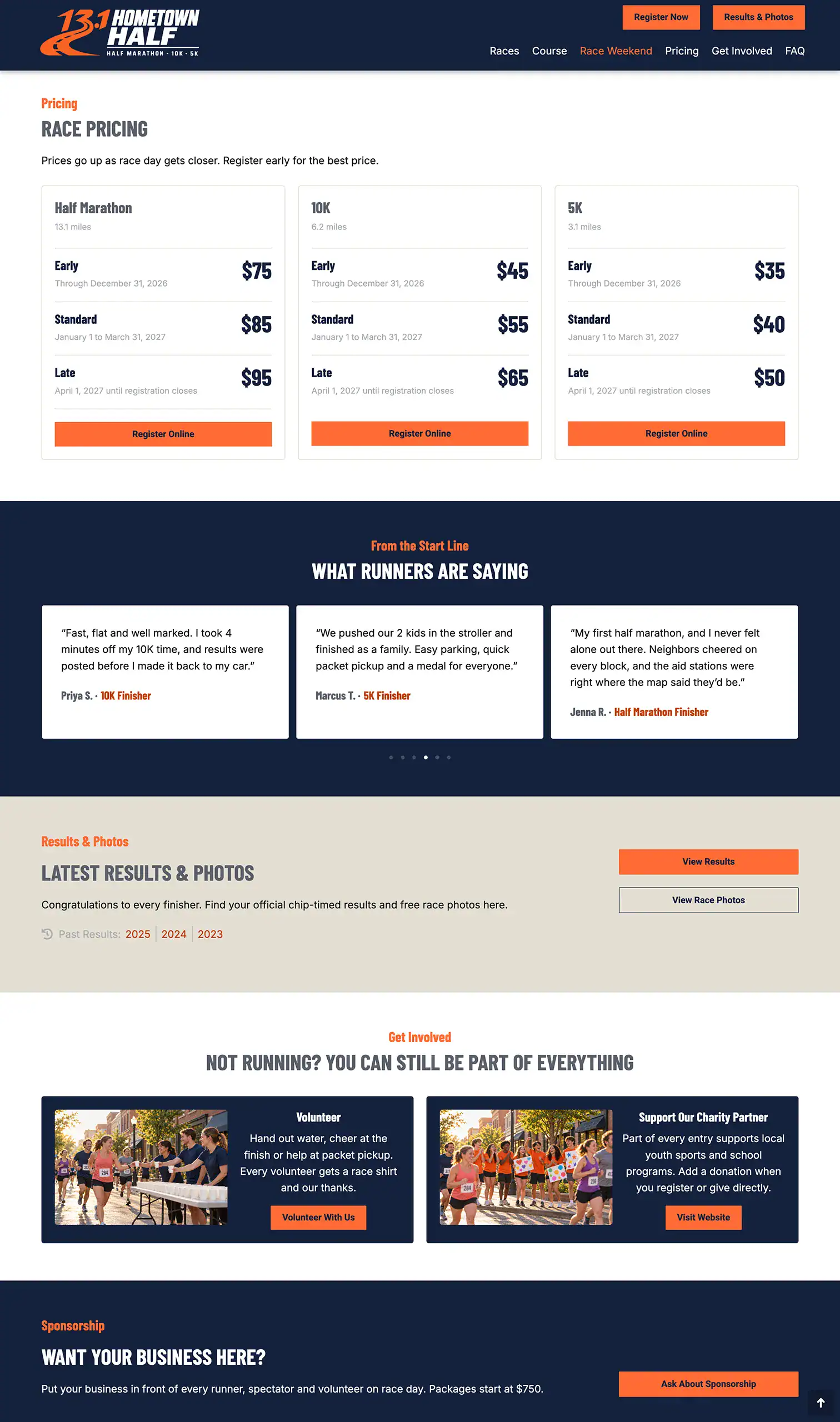 Running event landing page template pricing tiers by distance, runner testimonials, results and photos, and volunteer and charity cards