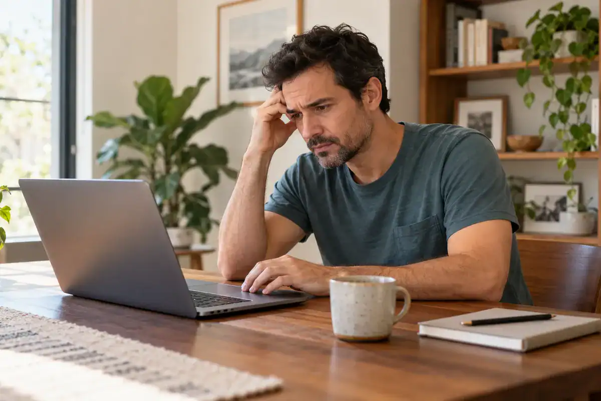 A man sits at a wooden desk in a home office, laptop open in front of him, rubbing his forehead with a concerned expression while troubleshooting a website issue. A notebook, pen, and coffee mug sit nearby.